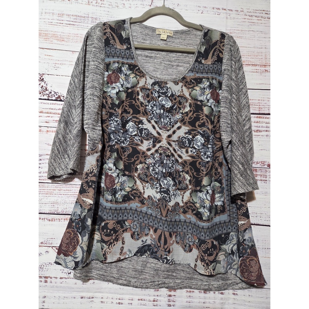 Live and Let Live Womens Large Grey Floral Chain Print Chiffon Mixed Media Top